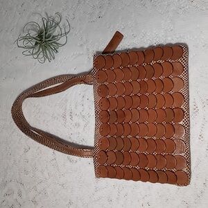 CEM Leather Shoulder Bag Snake Embossed Print With Fishscale Detail Brown /Tan